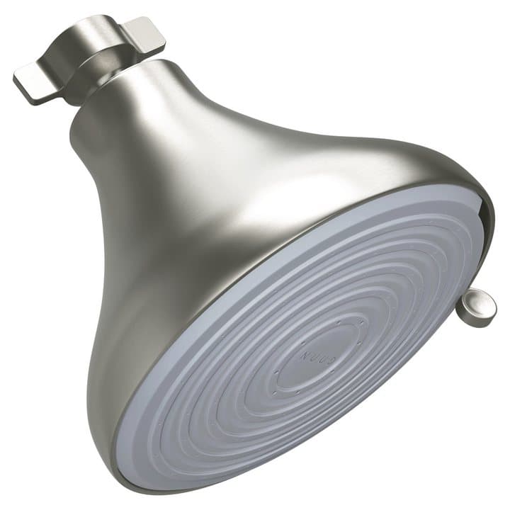 NUUD filtered shower head in brushed nickel finish on a white background