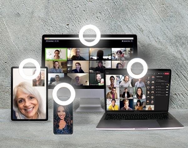 OlumiRing ring lights clipped to a desktop monitor, laptop, tablet and phone
