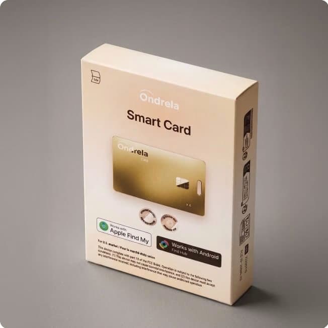 Ondrela Smart Card retail box with icons for Apple Find My and Android