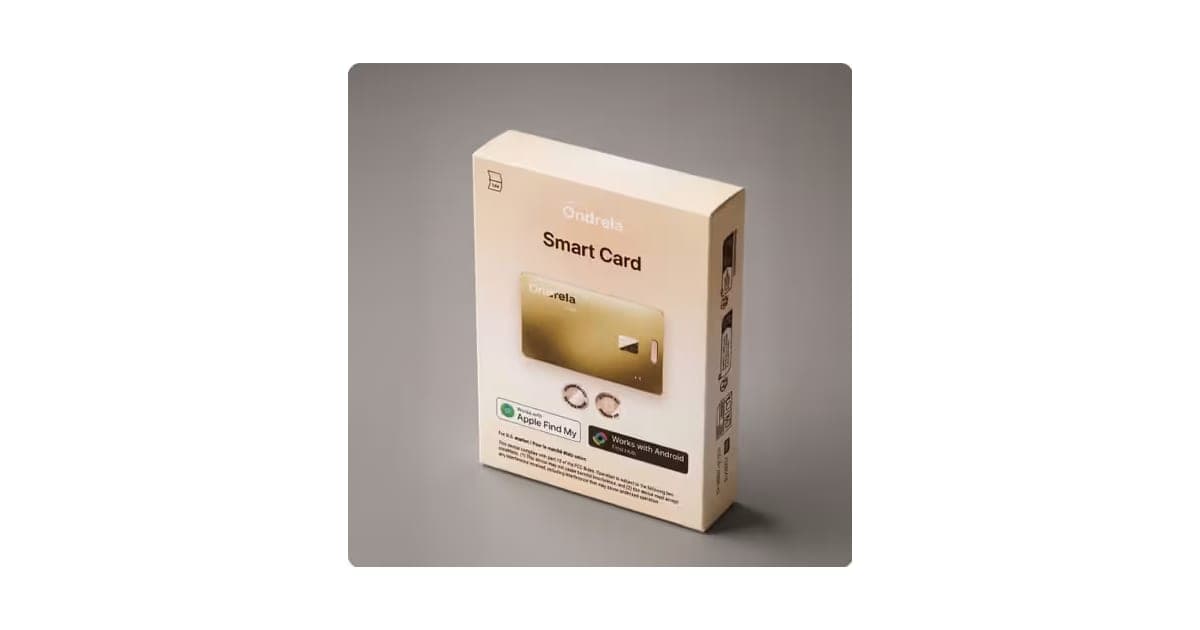Ondrela gold tracker card in its retail box showing Apple Find My and Android compatibility
