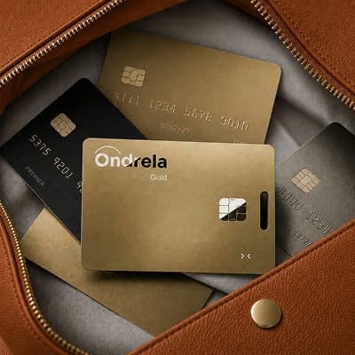 Gold Ondrela tracker card among bank cards inside a brown leather bag
