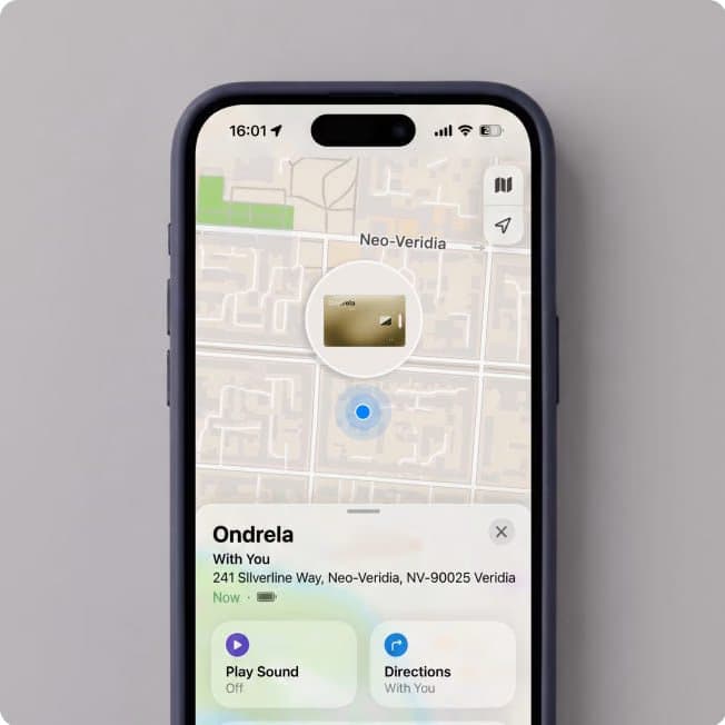 iPhone map in Find My showing the location of an Ondrela card with Play Sound and Directions buttons