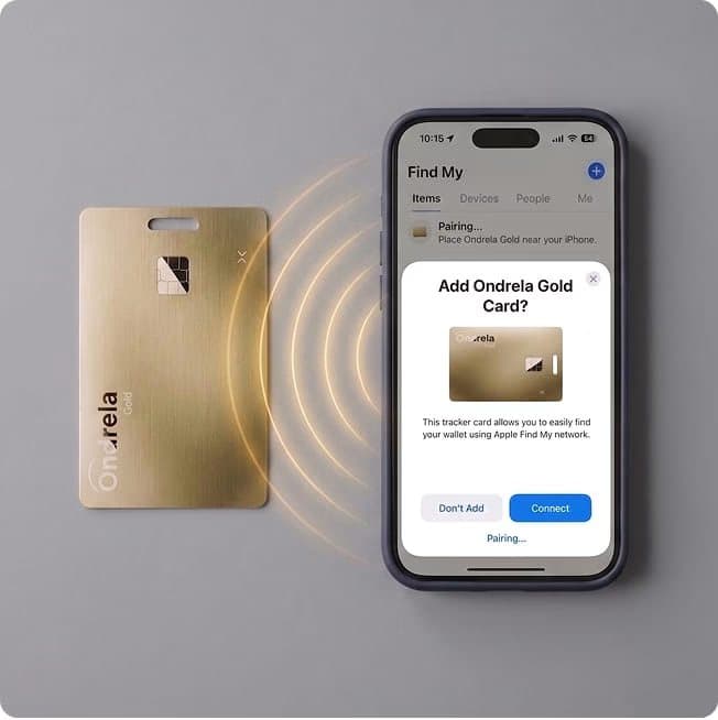 iPhone showing an Add Ondrela Gold Card prompt in Find My next to the tracker card