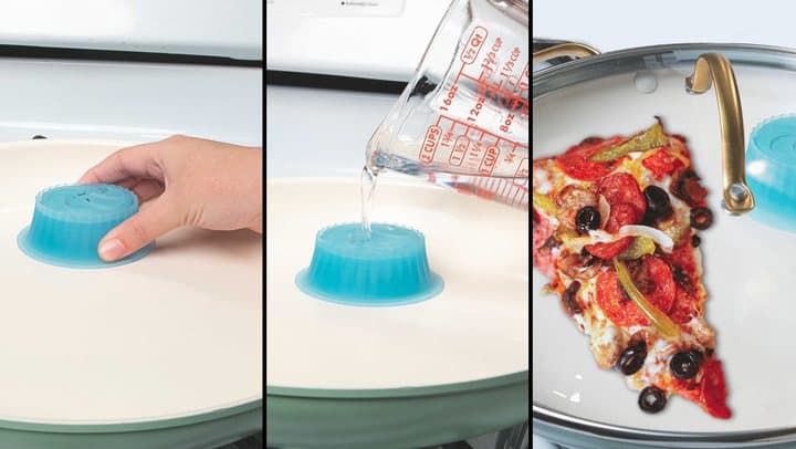 Three photos showing Pacuzzi pressed into a pan, water poured in, and pizza reheating under a glass lid