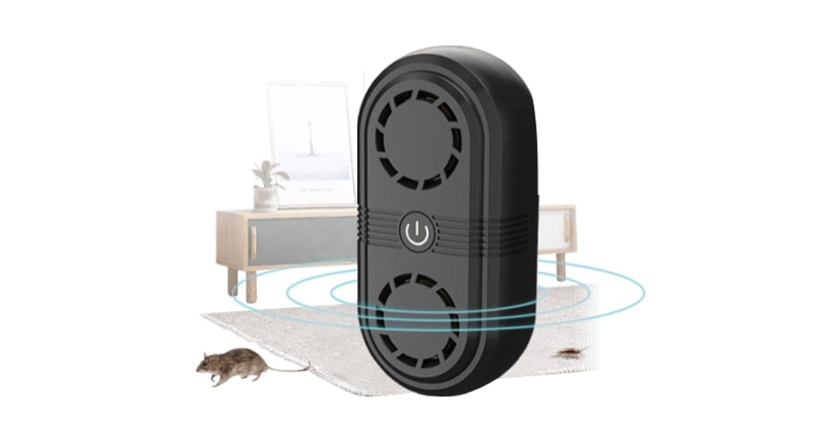 Black PestOFF Pro plug-in ultrasonic repeller with two round speaker grilles, with sound waves spreading towards a rat and a cockroach