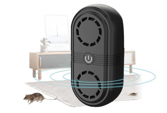 PestOFF Pro black repeller with two speaker grilles and a power button, in front of a living room, with sound rings reaching a mouse and a cockroach on the floor