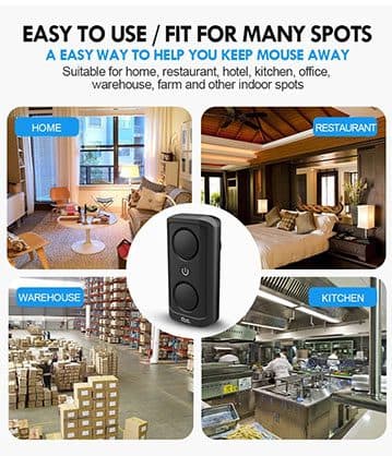 Black pest repeller over photos of a home, restaurant, warehouse and kitchen under the heading Easy to use, fit for many spots, used for the PestOFF Pro wide range mode