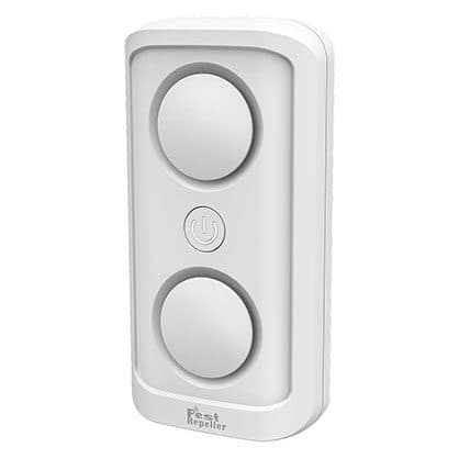 White plug-in pest repeller with two round speakers and a power button, labelled Pest Repeller, used for the PestOFF Pro dual speakers upgrade