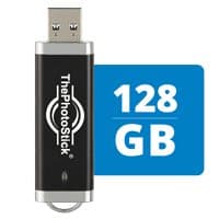 Black ThePhotoStick drive beside a blue 128 GB label