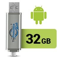 Silver ThePhotoStick Mobile with a micro-USB connector beside an Android logo and 32 GB label
