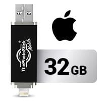 Black ThePhotoStick Mobile with a Lightning connector beside an Apple logo and 32 GB label