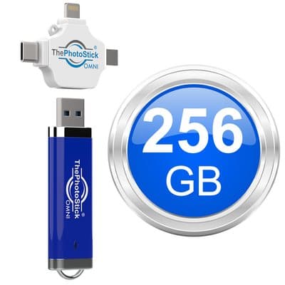 Blue ThePhotoStick Omni 256 GB with its adapter beside a 256 GB badge