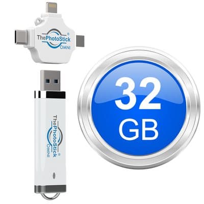 White ThePhotoStick Omni 32 GB with its adapter beside a 32 GB badge