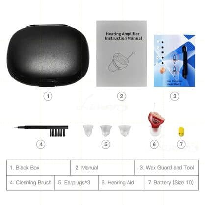 Contents laid out: black case, hearing amplifier instruction manual, wax guard tool, cleaning brush, three ear tips, a red amplifier and a size 10 battery