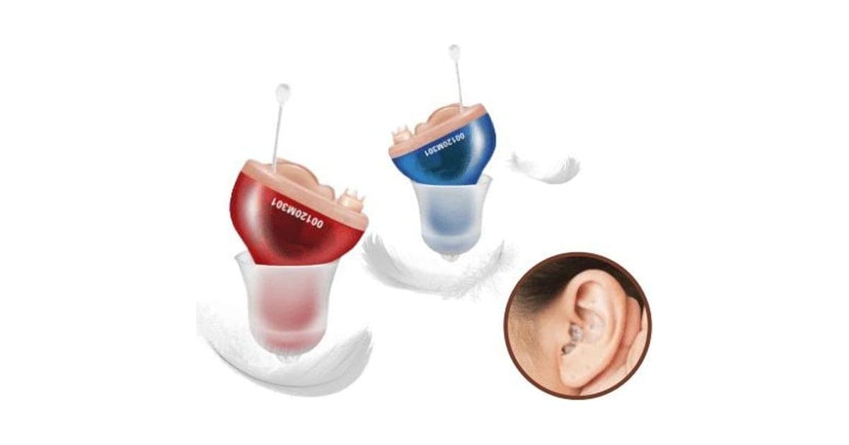 Red and blue PicoBuds Pro in-canal amplifiers with clear tips and pull strings, and a close-up of one fitted deep in an ear