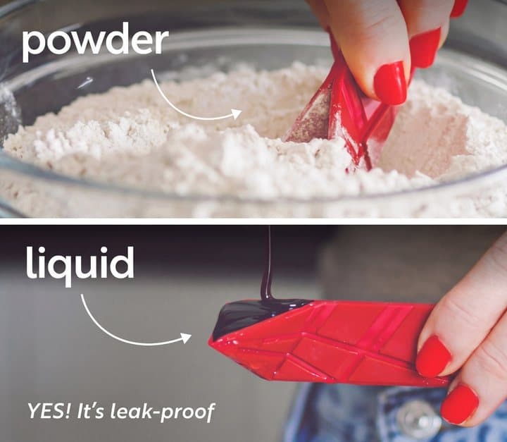 Polygons spoon scooping flour and holding a dark liquid without leaking