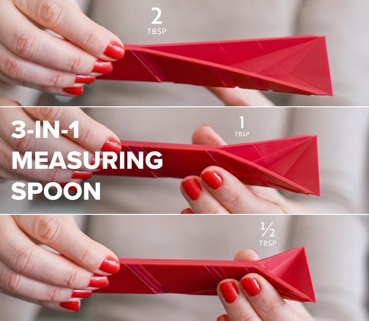 Hands folding a red Polygons card into 2 tablespoon, 1 tablespoon and half tablespoon sizes