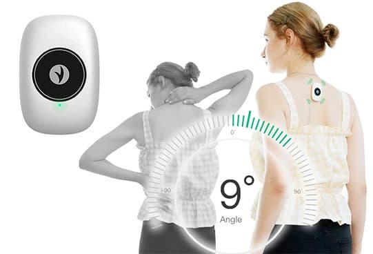 White PostureRemind Pro with a black centre button and green light, beside a woman shown slouching and then upright with the device between her shoulder blades