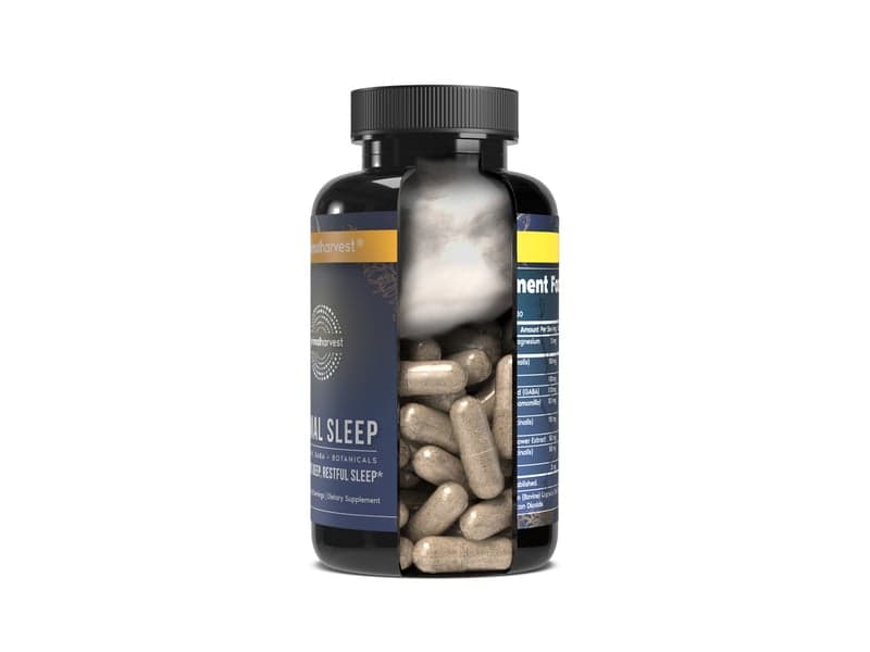 Cut-away render of a Primal Sleep bottle showing the beige capsules inside