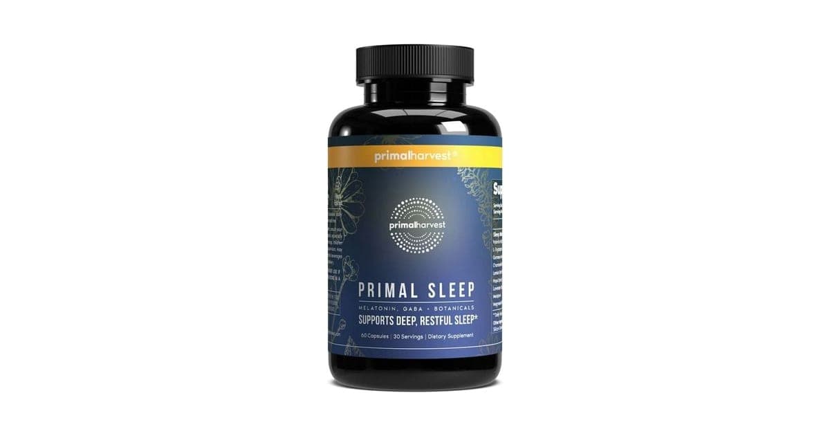 Bottle of Primal Harvest Primal Sleep, 60 capsules, dark blue label reading melatonin, GABA, botanicals, on a white background