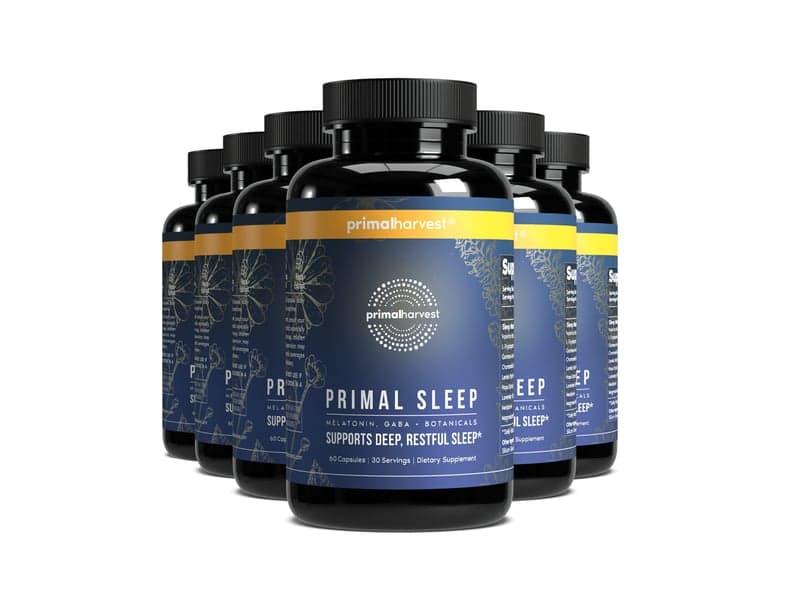 Six bottles of Primal Harvest Primal Sleep grouped together