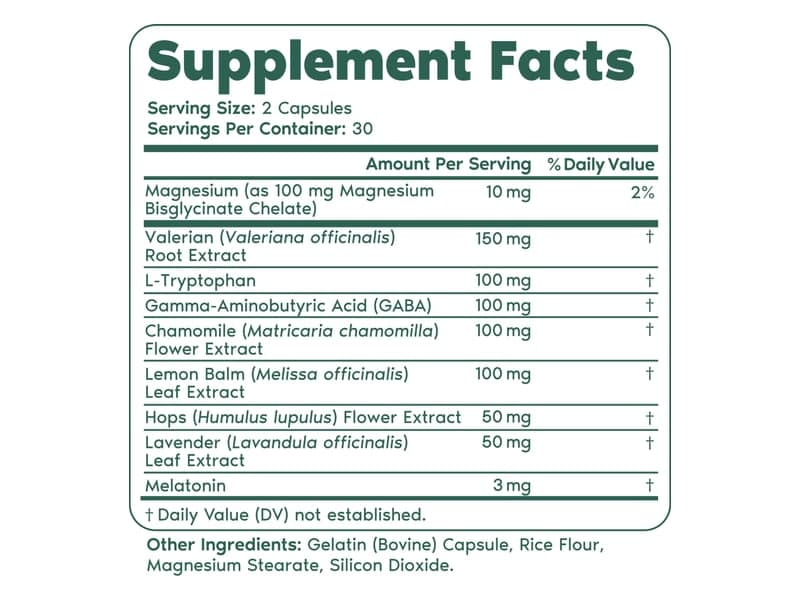 Primal Sleep Supplement Facts panel listing magnesium 10 mg, valerian 150 mg, L-tryptophan, GABA, chamomile and lemon balm 100 mg each, hops and lavender 50 mg each, melatonin 3 mg