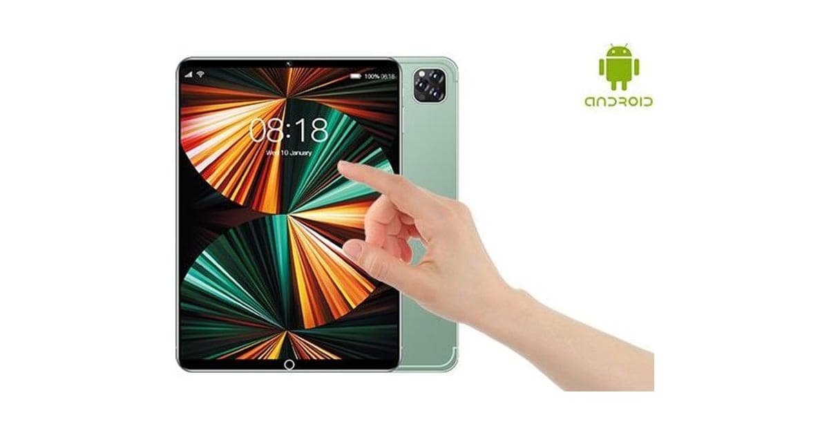 Mint-green ProTabletX Android tablet seen front and back, with a square triple camera bump, a colourful lock screen reading 08:18 and a finger tapping the screen