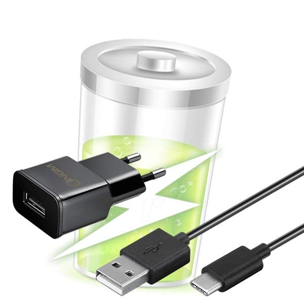 Black USB wall charger with a two-pin European plug and a USB-A to USB-C cable in front of a battery graphic
