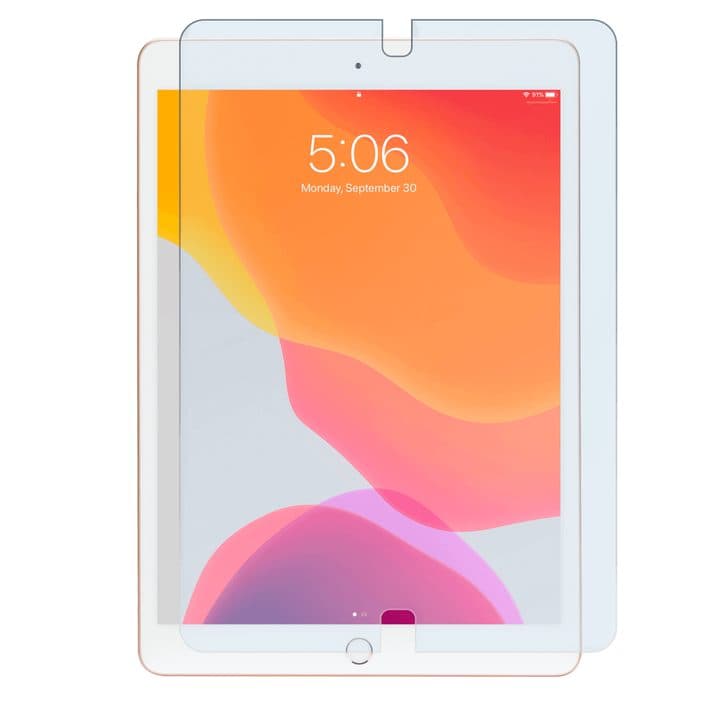 Glass screen protector lifted above a gold tablet with a home button and a lock screen reading 5:06, Monday, September 30