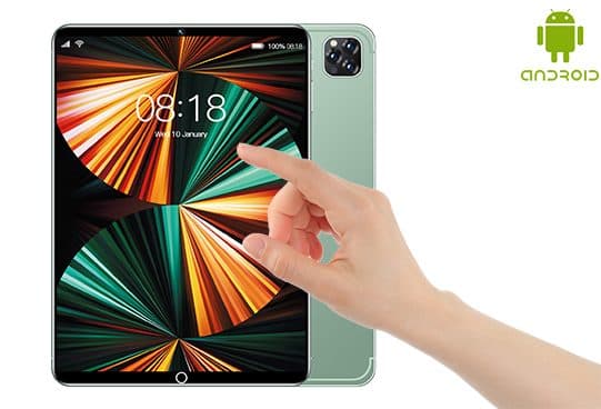 ProTabletX tablet in green with an iPad Pro style camera bump behind a front view showing 08:18, a hand touching the screen and an Android logo