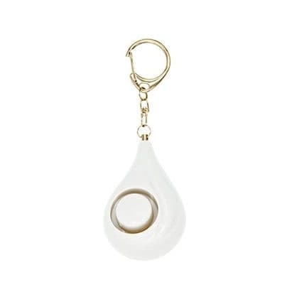 White teardrop personal alarm with a gold keyring and chain, used for the Protector Pitch key holder add-on