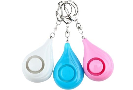 White, blue and pink Protector Pitch teardrop alarms hanging from metal swivel clips and key rings