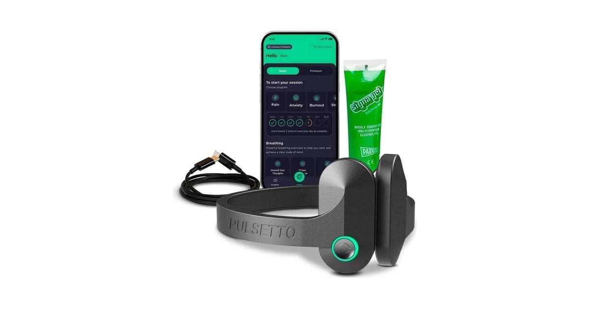 Grey Pulsetto neckband with a phone showing the Pulsetto app and a tube of conductive gel
