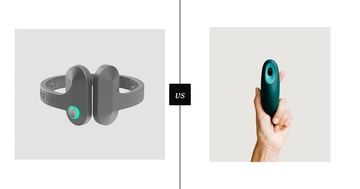 A grey Pulsetto neckband with a glowing green button on the left and a hand holding a teal Moonbird breathing device on the right, split by a vs marker