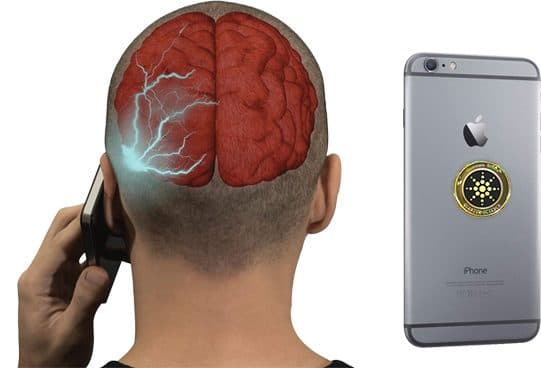 Back of a man's head with a red brain illustration and lightning from his phone, next to a silver iPhone with a round RadiationStopper Pro sticker on the back