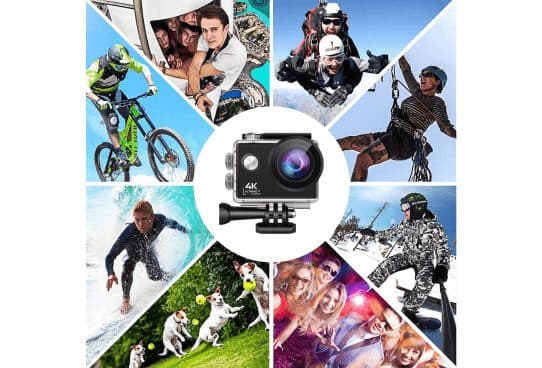 RealAction Pro action camera labelled 4K in a transparent waterproof housing on a mount, ringed by action sports photos