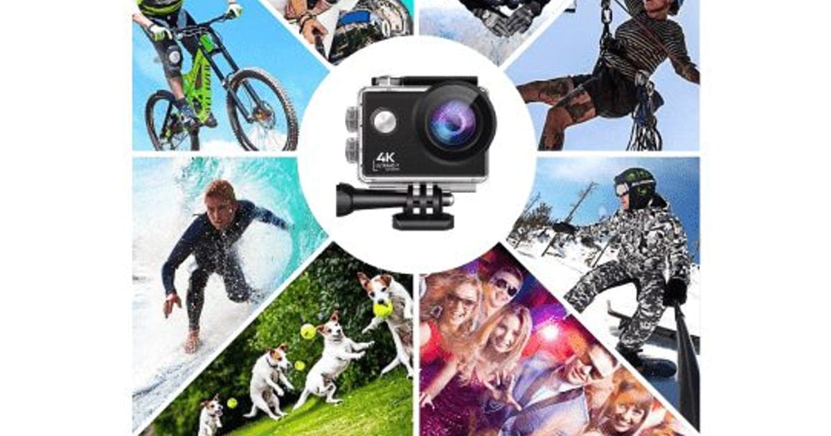 Black RealAction Pro 4K action camera in a clear case on a mount, surrounded by photos of cyclists, skydivers, surfers, skiers and dogs