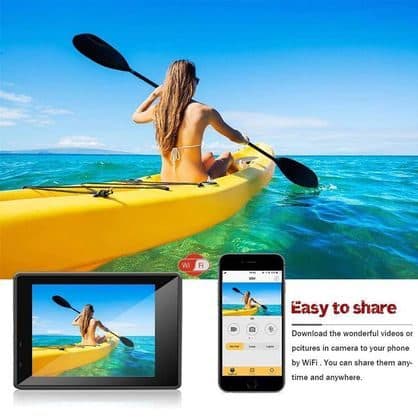 Woman kayaking on clear water, with the scene shown on the camera's rear screen and on a phone app, under the heading easy to share