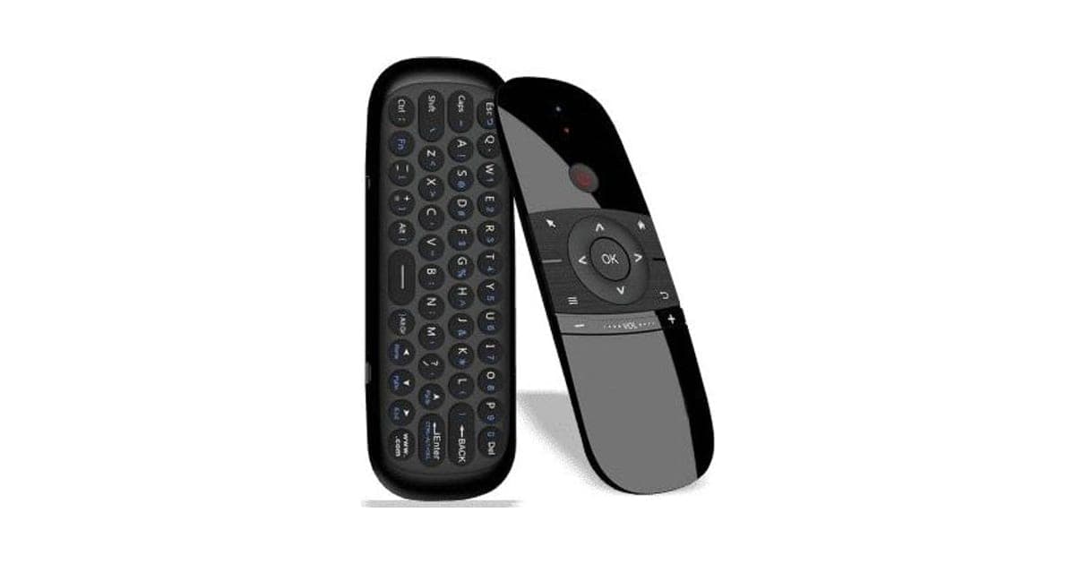 Black RemoteX Pro remote shown front and back, one side with a D-pad, power and volume buttons and the other with a mini keyboard