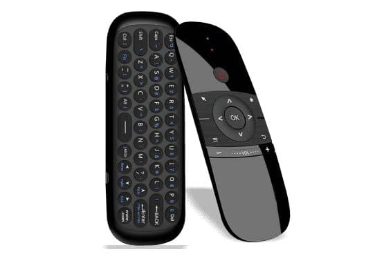 Two views of the RemoteX Pro: a curved black remote with a red power button and OK pad, and its back with a 45-key keyboard