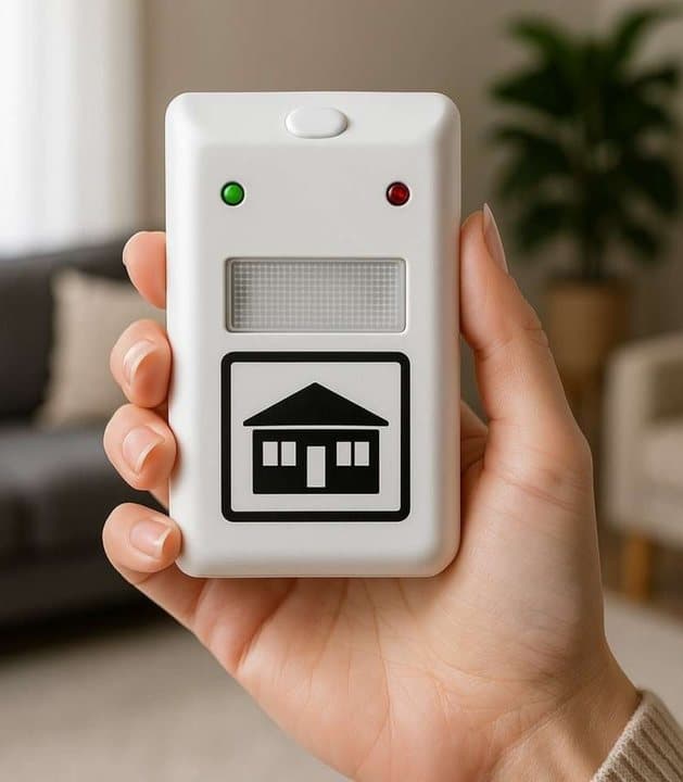 Hand holding a white Riddex Plus plug-in device with green and red indicator lights