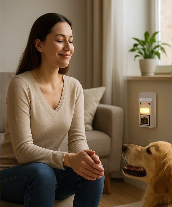 Woman sitting with a dog near a Riddex device plugged into a living room wall