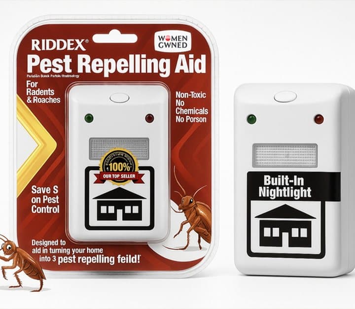 Riddex Pest Repelling Aid package for rodents and roaches with built-in nightlight label