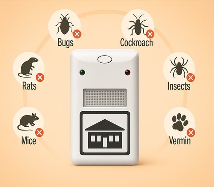 Riddex device surrounded by icons of bugs, cockroaches, rats, mice, insects and vermin