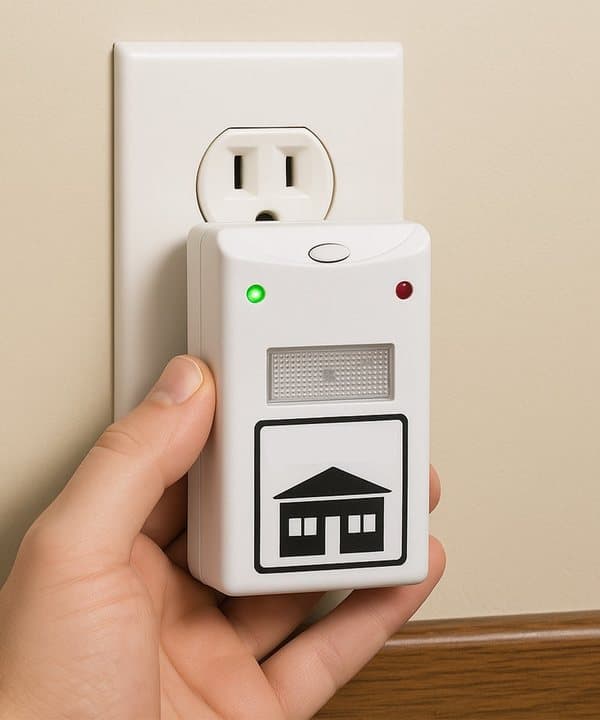 Hand plugging Riddex Plus into a white wall outlet