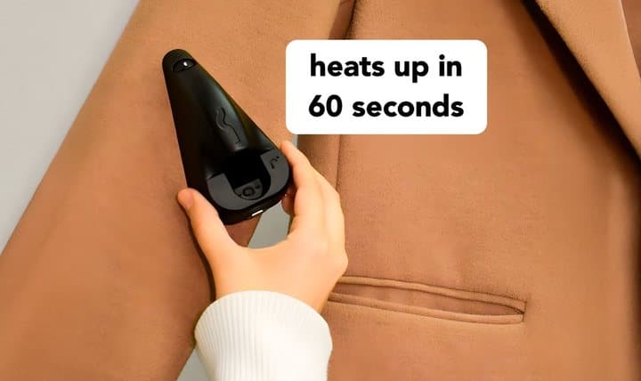 Hand using riddiaPress on the front of a camel coat with a heats up in 60 seconds label