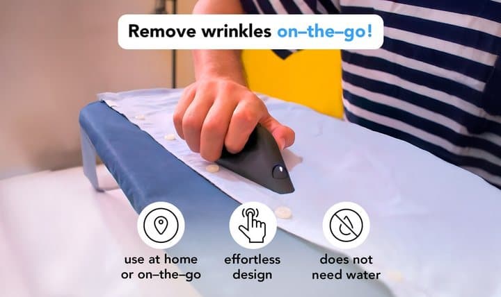 Hand pressing a shirt collar on a table with riddiaPress, with icons for no water and on-the-go use