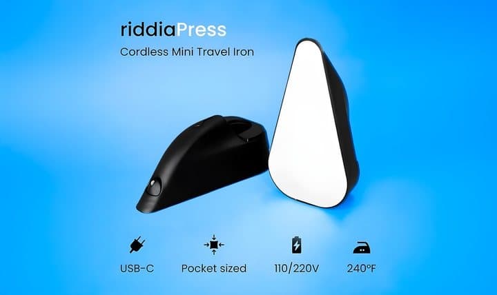 riddiaPress cordless mini travel iron with icons for USB-C, pocket size, 110/220V and 240°F