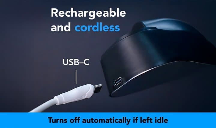 riddiaPress connected to a USB-C cable, labelled rechargeable and cordless