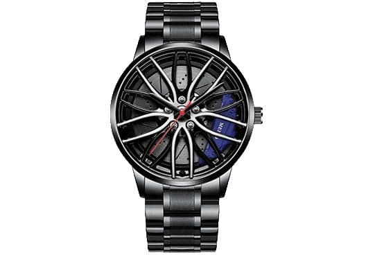 RimX Watch front view showing a silver and black wheel-spoke dial, a drilled brake disc, a blue caliper and red centre hands